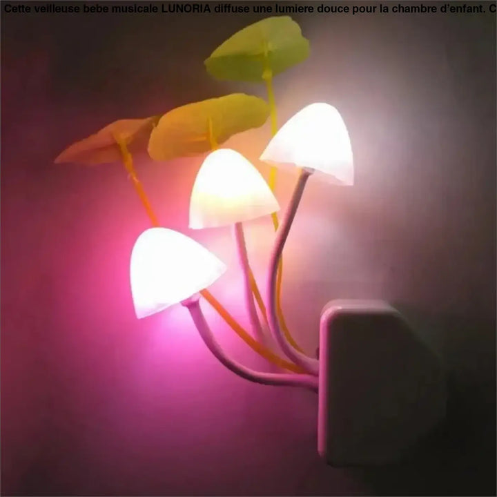 Veilleuse champignon led vouni avec chapeaux translucides blancs et sommets feuillus multicolores branchée au mur