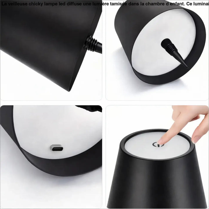 Lampe rétro chic winny noire cylindrique avec base éclairée blanche et port usb-c pour charger appareils électroniques