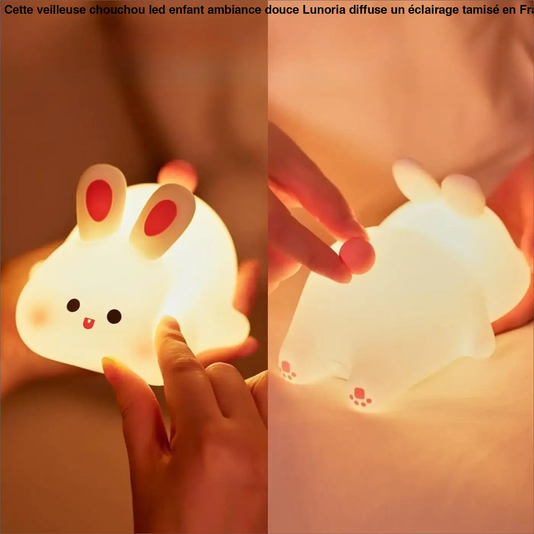 Veilleuse chouchou led enfant forme lapin blanc doux avec oreilles rouges et pattes roses pour led enfant ambiance