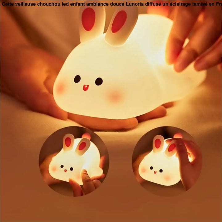 Veilleuse chouchou led enfant douce ambiance en forme de lapin blanc lumineux avec oreilles rouges et visage mignon
