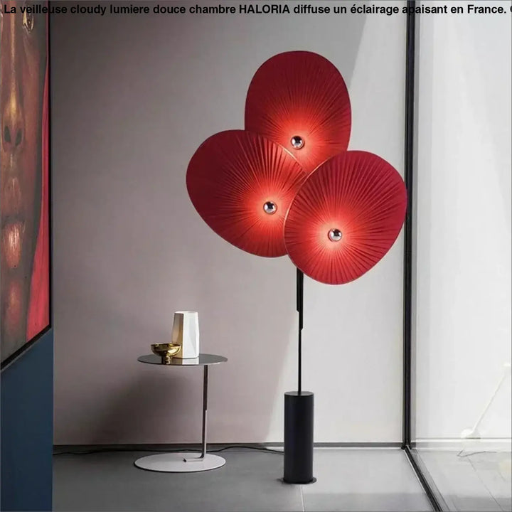 Lampadaire moderne rouge à disques texturés avec détails dorés