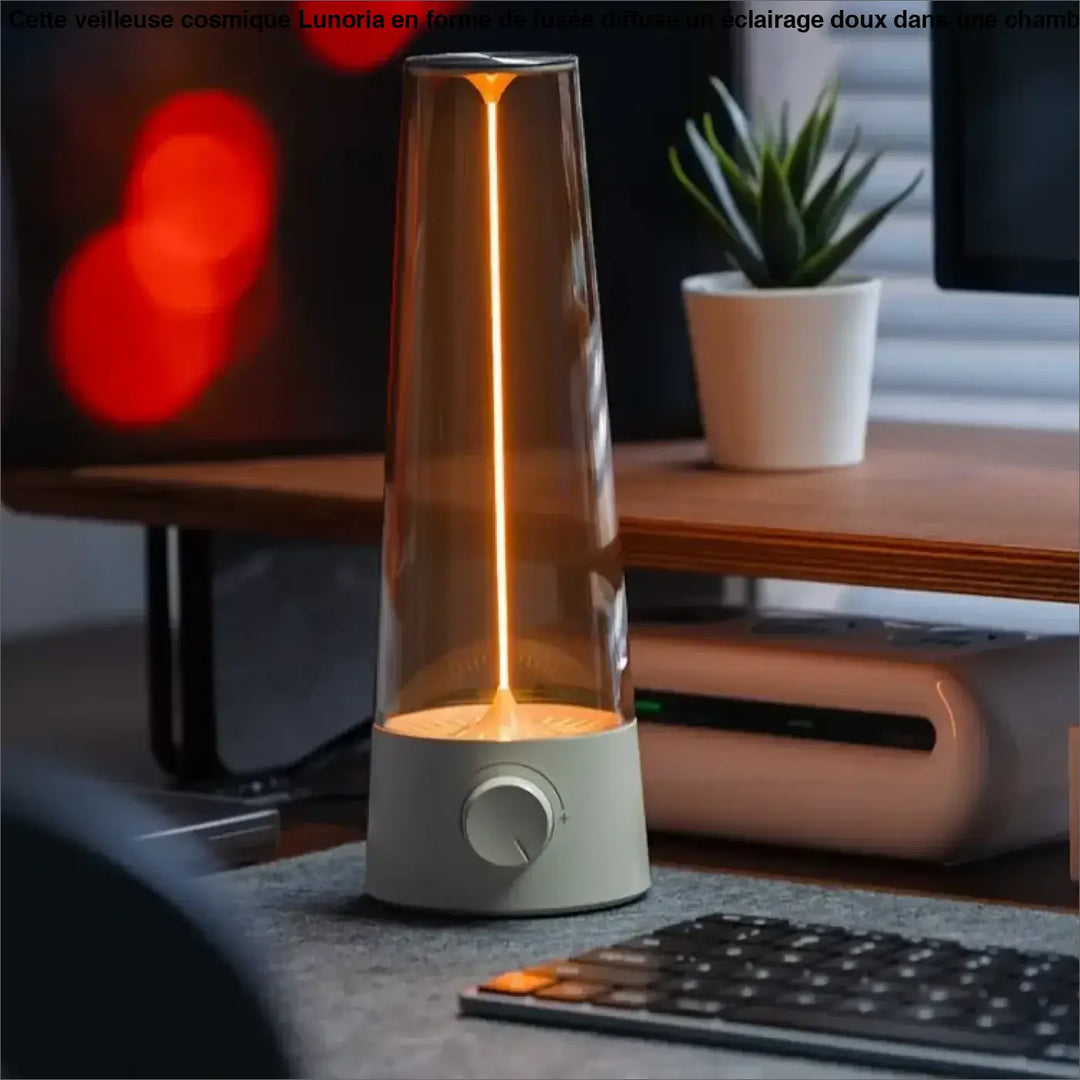Lampe de chevet conique moderne shadow avec corps en verre transparent et lumière ambre chaleureuse dans liquide fluide