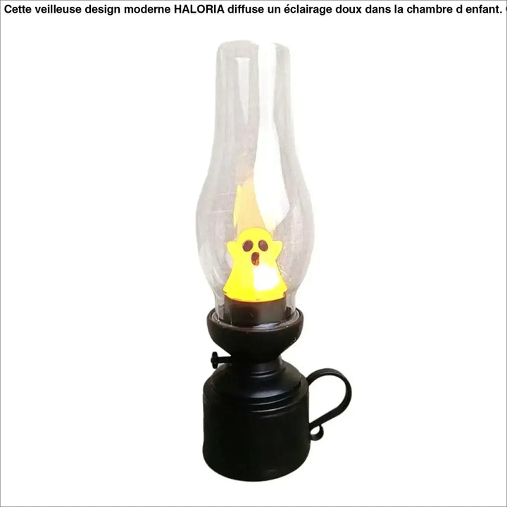 Veilleuse hallo en métal noir avec cheminée en verre clair et led effet flamme jaune fantôme pour décoration intérieure