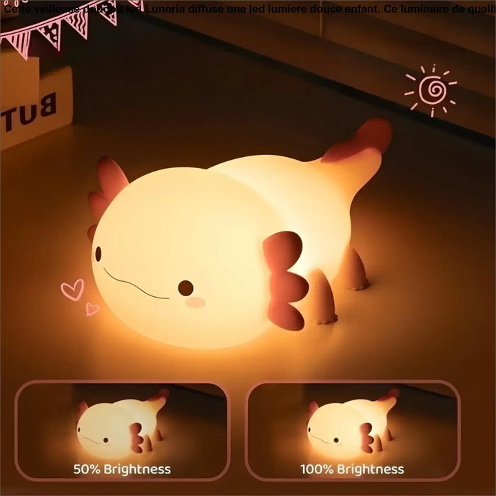 Veilleuse doudou led axolotl avec lumière douce jaune et branchies roses idéale pour enfant par lunoria
