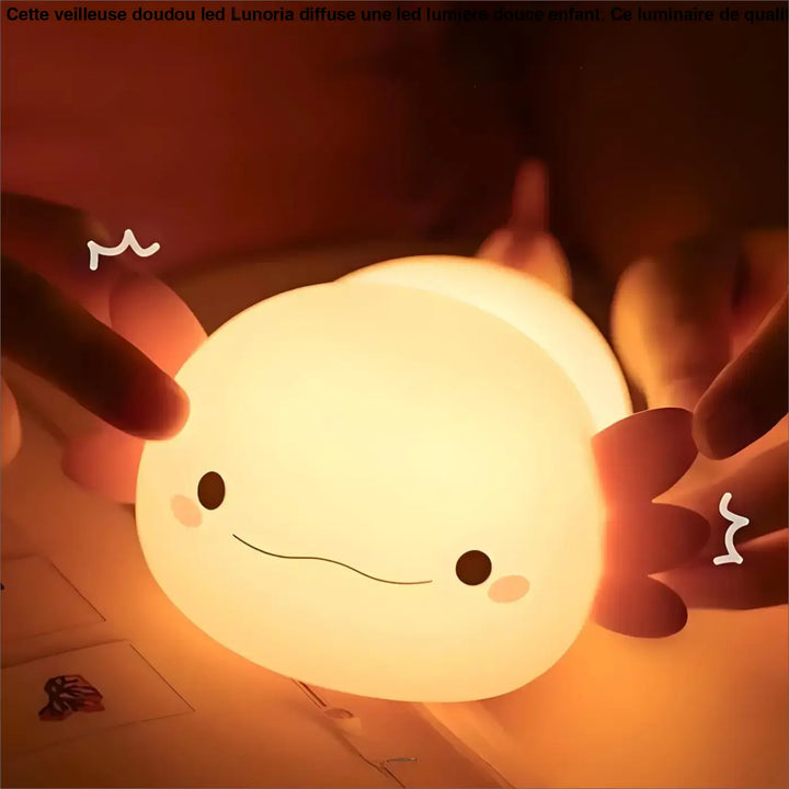 Veilleuse doudou led axolotl blanche douce avec yeux noirs et joues roses pour enfant lunoria