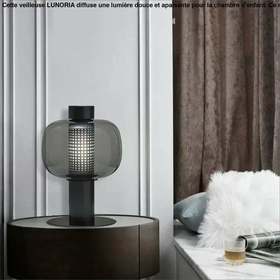 Lampe de table noire et grise en verre coloré perforé avec base cylindrique pour table contemporaine au design moderne