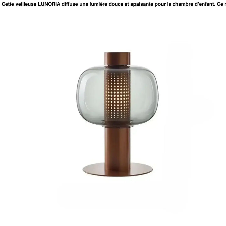 Lampe de table vetra avec verre coloré gris translucide et cylindre perforé bronze sur base cuivre design moderne