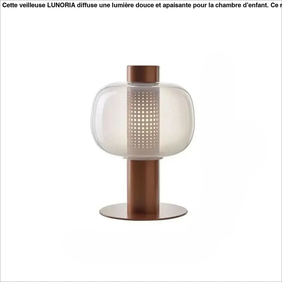 Lampe de table vetra avec abat-jour en verre coloré translucide à perforations circulaires et base métal cuivré design moderne