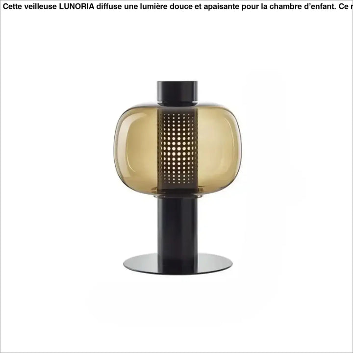 Lampe de table vetra en verre coloré ambré avec base en métal noir et colonne perforée design moderne pour table contemporaine