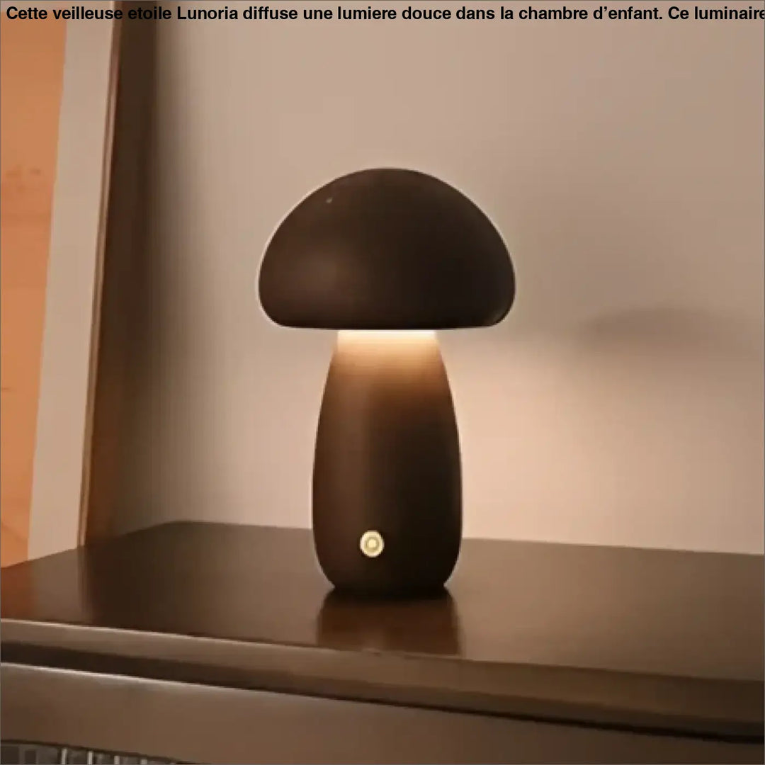 Lampe de chevet champou champignon élégante en bois foncé mat avec une lumière chaude à la base