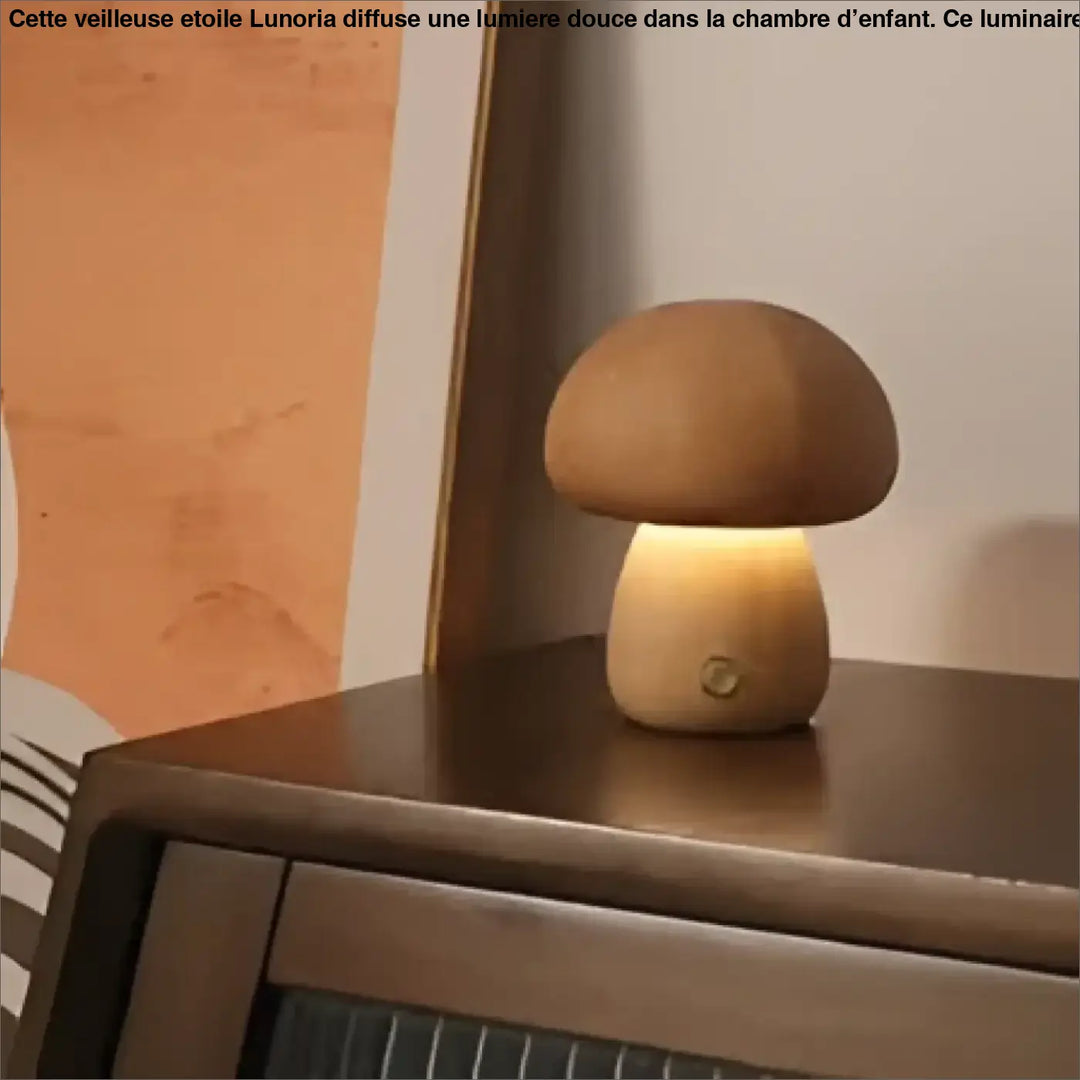 Lampe de chevet champignon élégante avec lumière douce, chapeau et base en bois lisse pour ambiance chaleureuse
