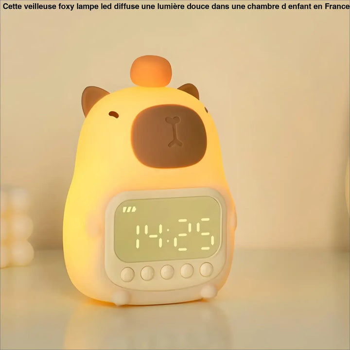 Veilleuse foxy lampe led jaune et marron en forme danimal en peluche avec horloge digitale pour chambre denfant