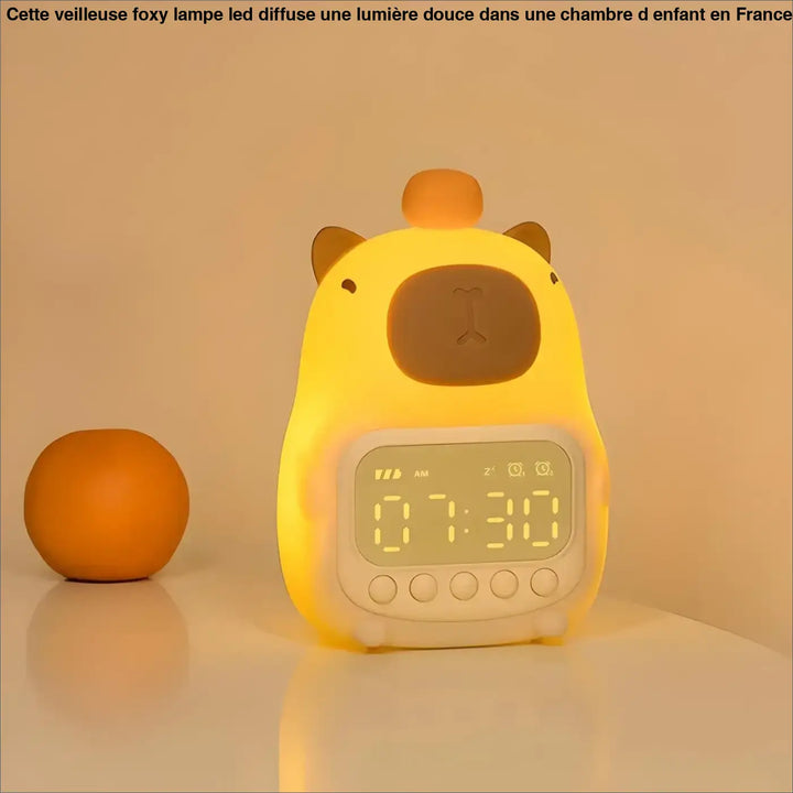 Veilleuse foxy lampe led chambre d’enfant en forme de capybara jaune et marron avec affichage digital 07:30