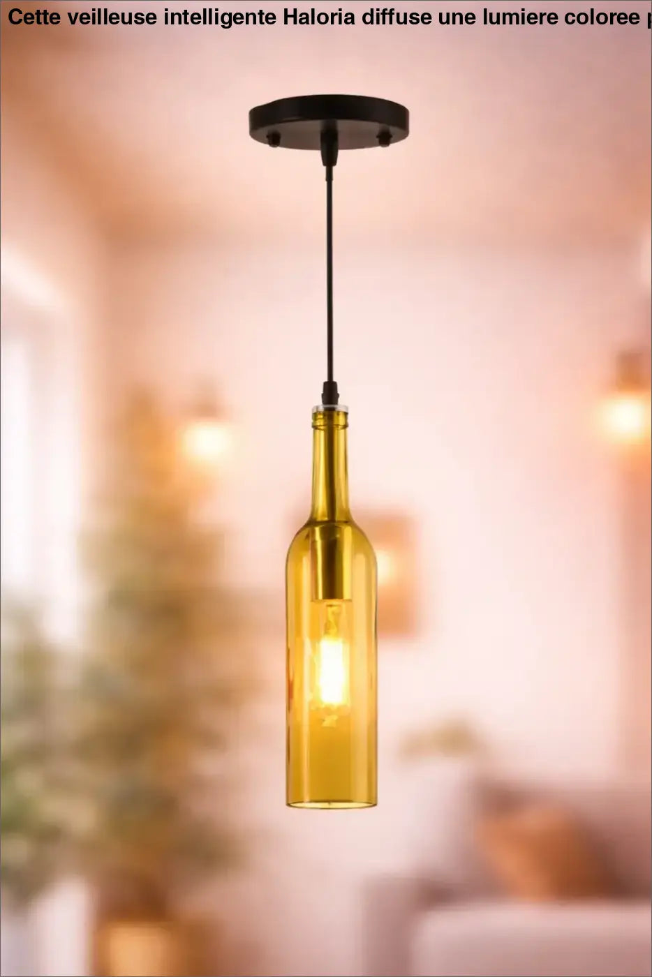 Suspension luminaire aria bouteille colorée en verre ambre avec fixation plafond métal noir et câble assorti