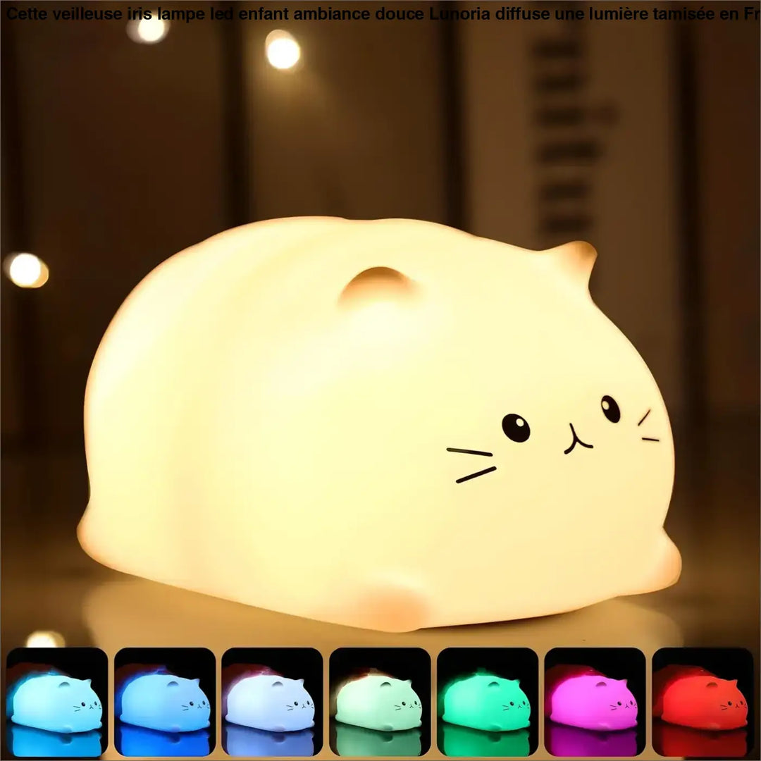 Veilleuse iris lampe led enfant en silicone blanc doux en forme de chat avec visage cartoon et options de couleurs