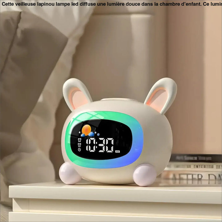 Veilleuse lapinou lampe led blanche avec horloge numérique aux lumières vertes et bleues pour chambre d’enfant lunoria