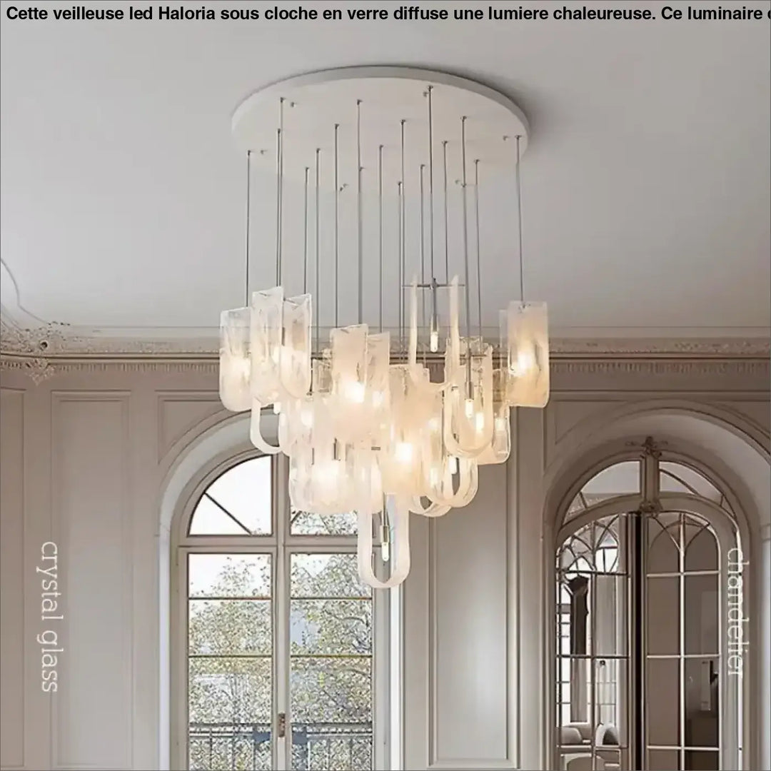 Suspension luminaire klassy en verre élégante translucide avec monture circulaire blanche et tiges métalliques fines
