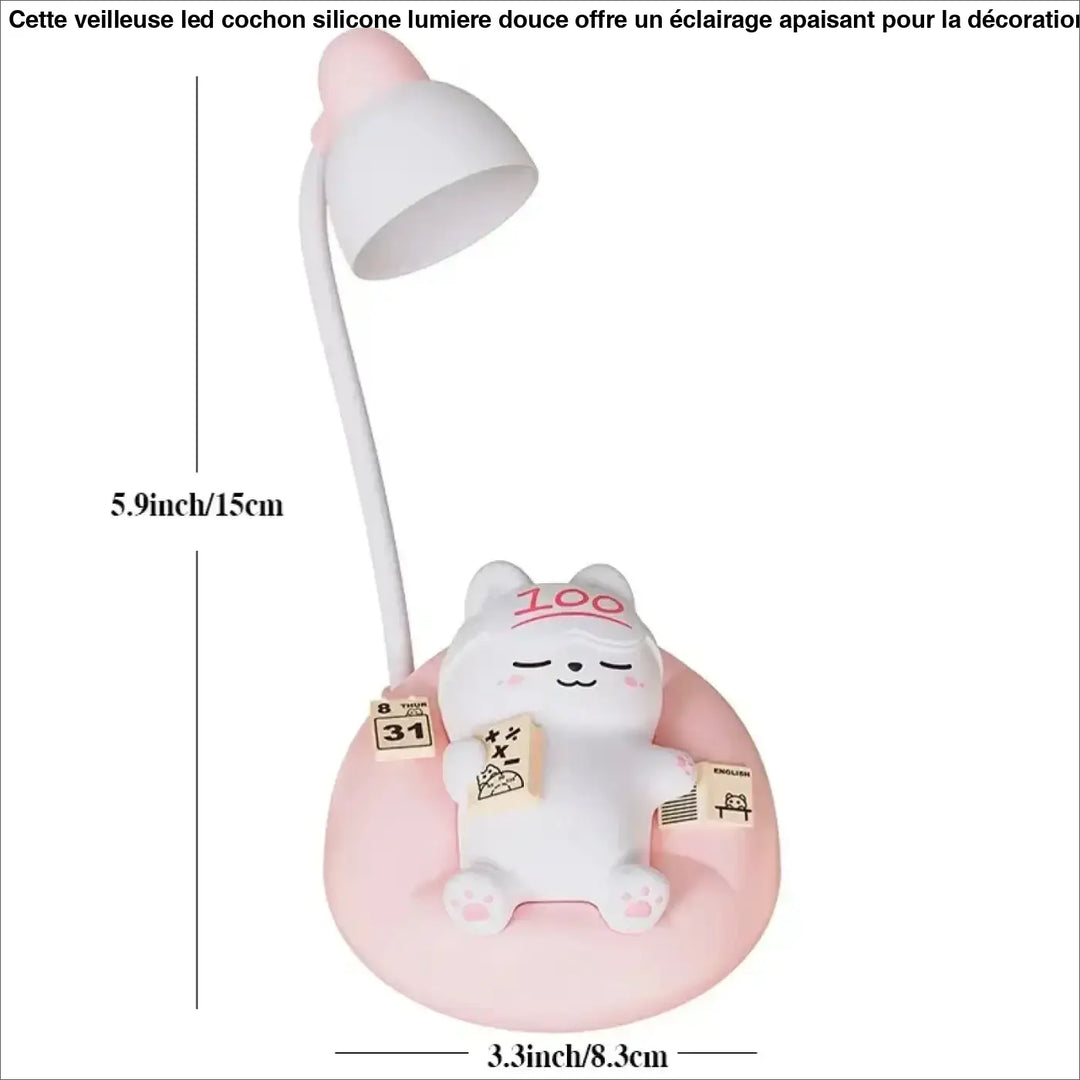 Veilleuse chat décorative katty en forme de chat blanc et rose avec cou flexible et blocs en bois sur le ventre