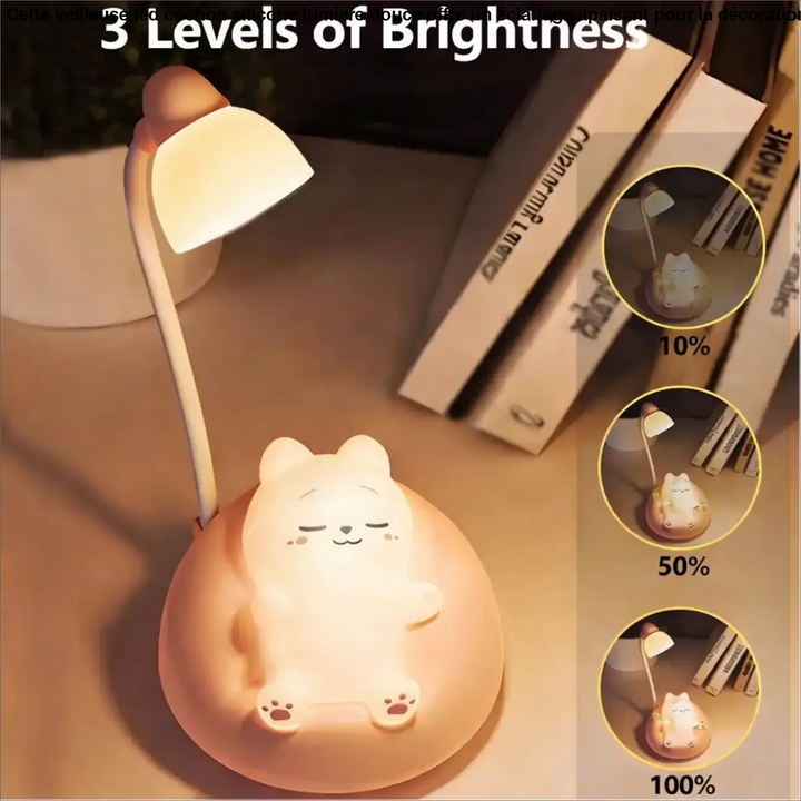 Veilleuse chat décorative katty en rose avec lampe led ajustable pour bureau