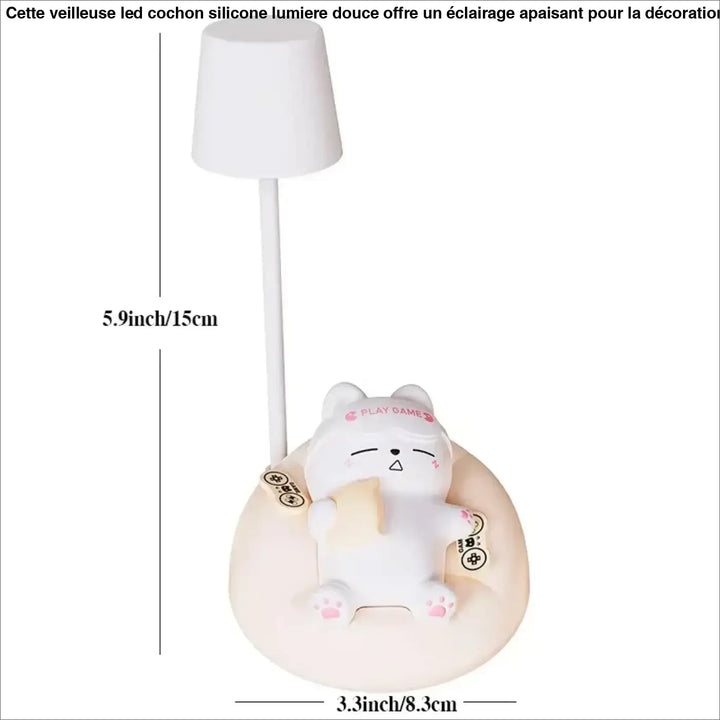 Veilleuse chat décorative en plastique blanc avec base rose pâle et abat-jour cylindrique blanc, modèle katty