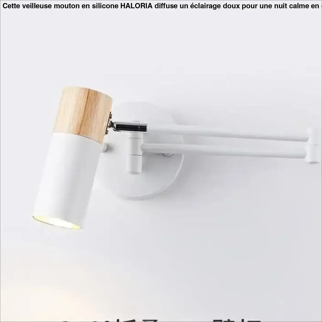 Applique murale style contemporain blanc avec dessus en bois et bras réglable pour intérieur moderne