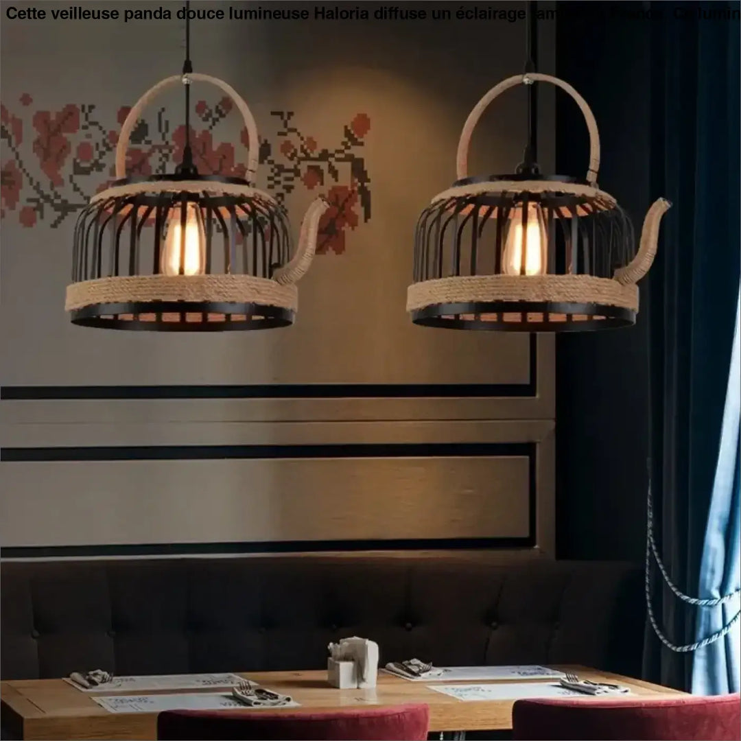 Suspension luminaire hempar en fer forgé noir avec accents en corde tressée et lumière chaude pour décoration intérieure