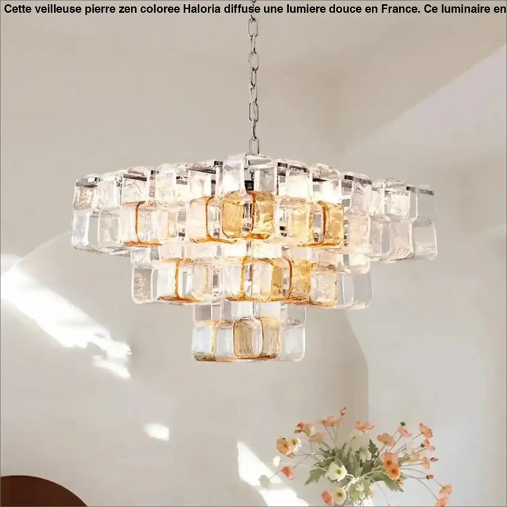 Suspension luminaire lumia en verre clair et ambré avec bloc cubique suspendu par chaîne métallique