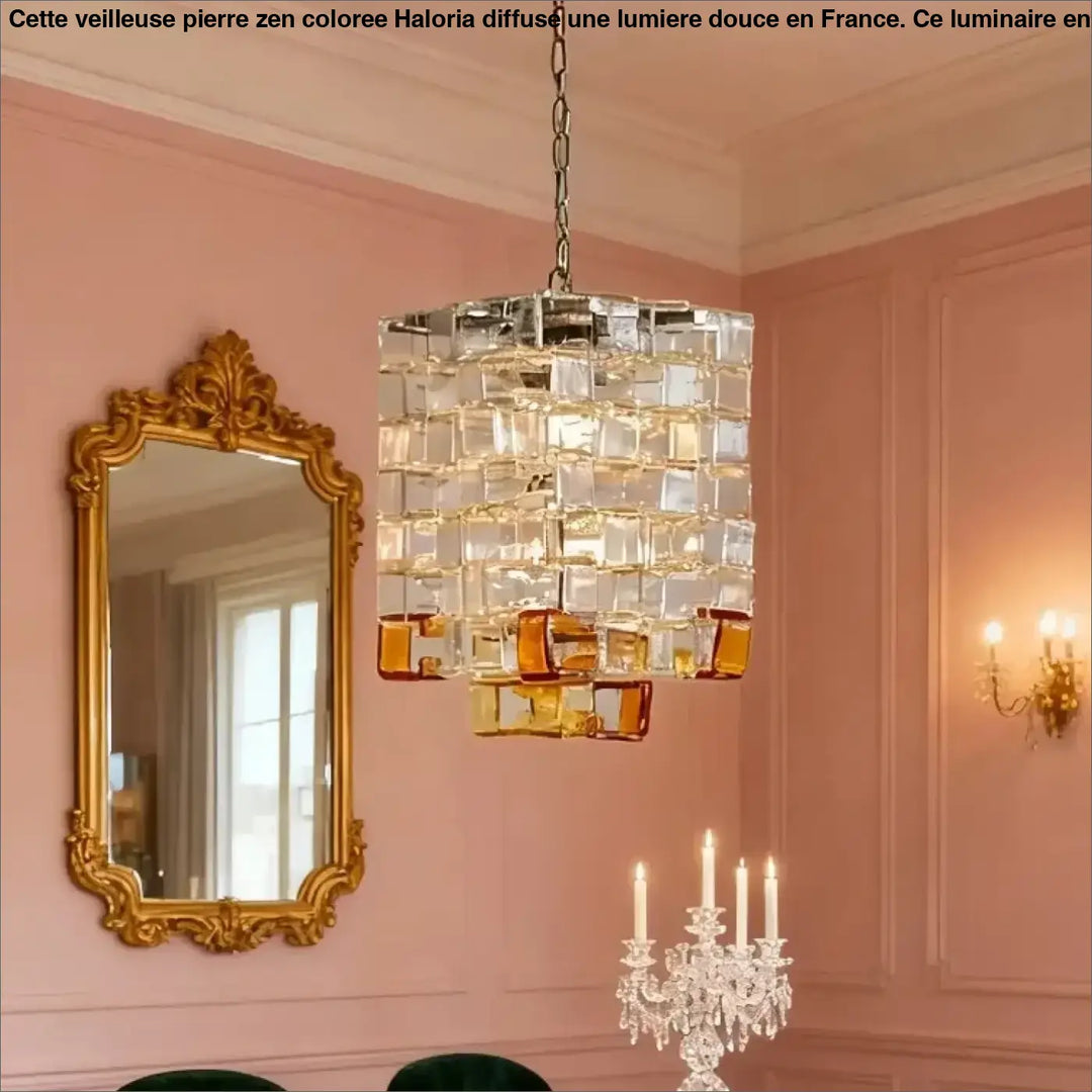 Suspension luminaire lumia avec design en cubes de verre clairs et ambrés suspendue par chaine métallique