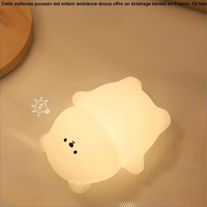Veilleuse poussin led enfant douce en forme dourson blanc lumineux avec yeux noirs simples pour ambiance led enfant