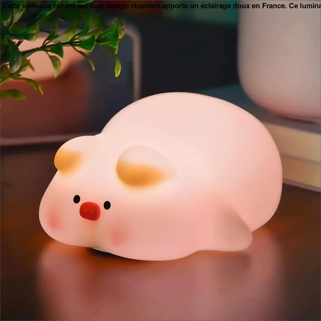 Veilleuse renard led foxy en silicone rose en forme de cochon avec illumination douce et visage brodé