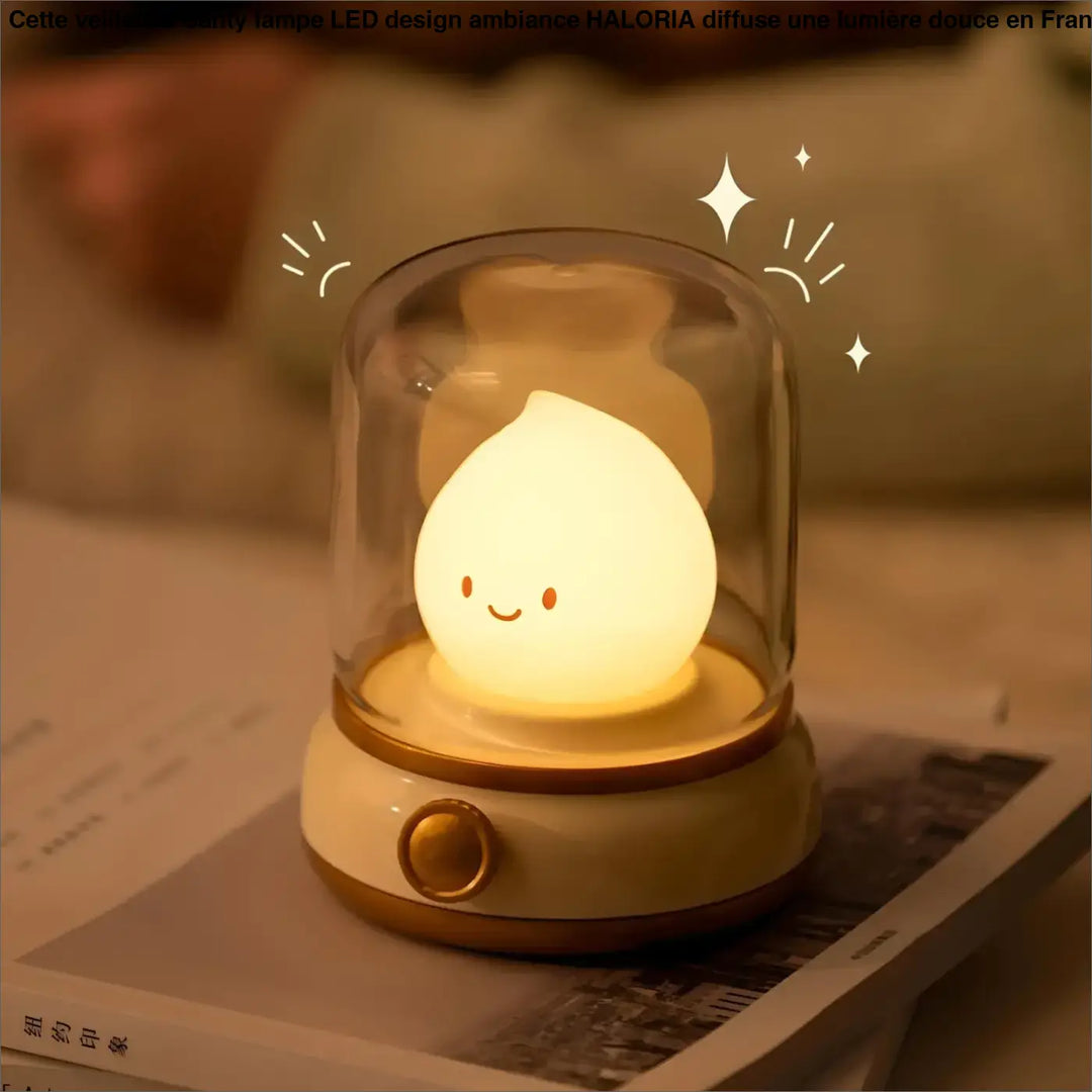 Veilleuse santy lampe led design en forme de pêche lumineuse et souriante sous verre transparent pour ambiance douce