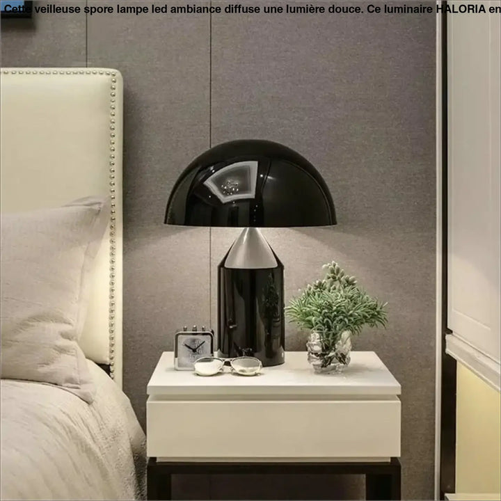 Lampe de table luxumi noir brillant en forme de champignon avec base argentée métallique sans frais supplémentaires